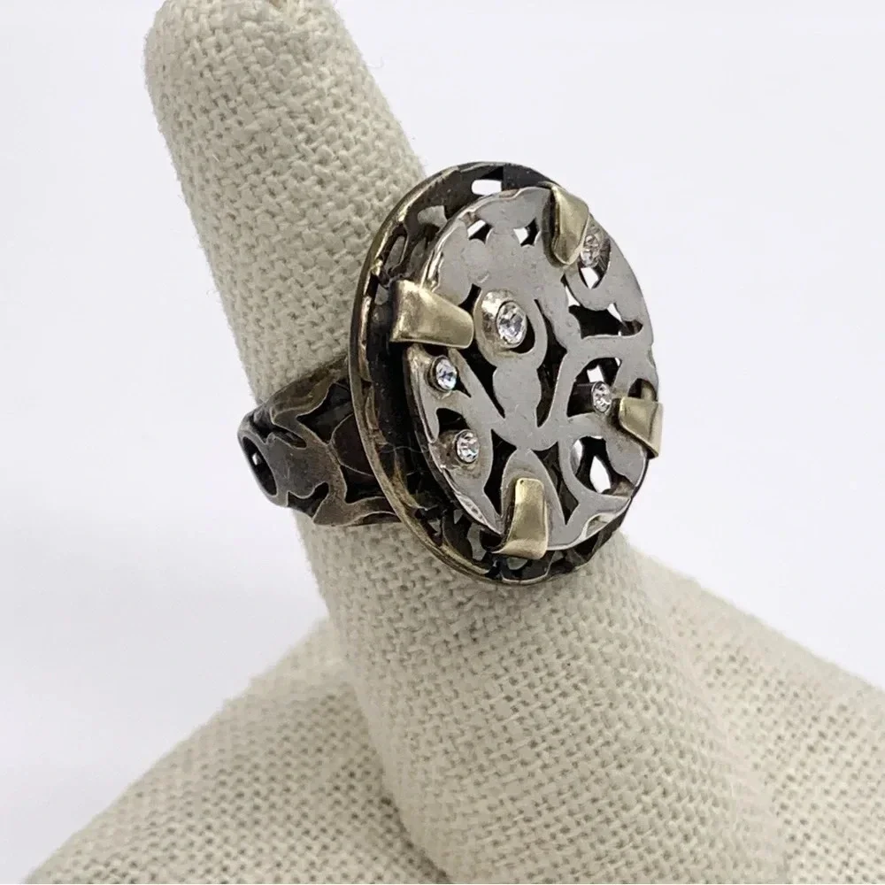 Sorrelli Brass and Silver Crystal Studded Adjustable Band Ring